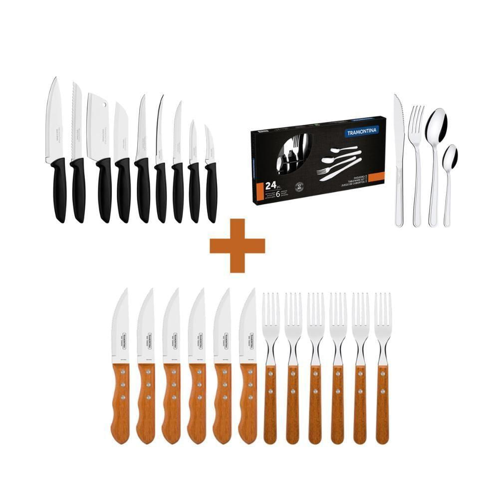 Kit - Jogo De Churrasco Inox 12 Peças + 1 Conjunto Facas 9pç + 1 Faqueiro Inox 24pç - Tramontina