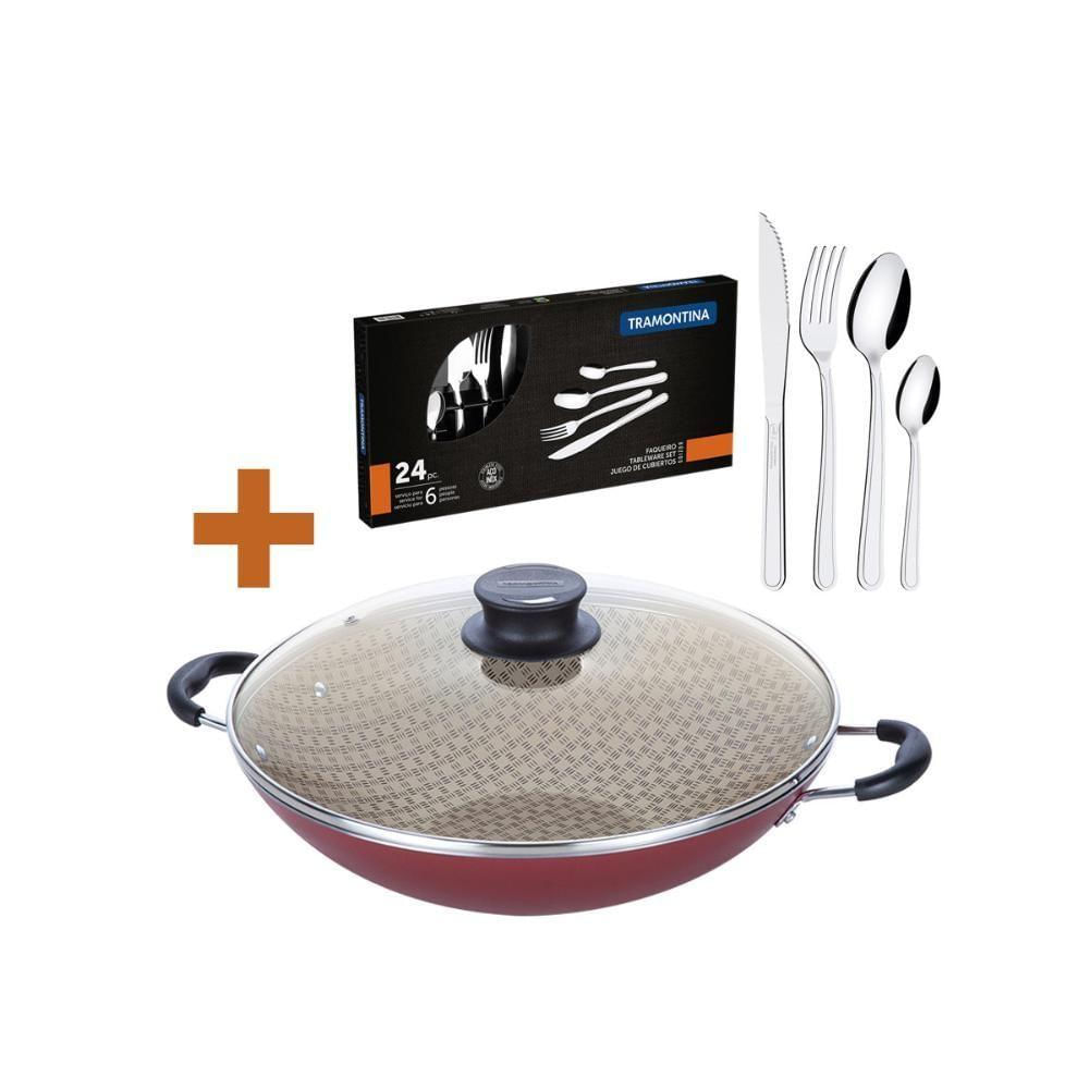 Kit - Panela Wok 6l Alumínio 36 Cm Paris Vermelho + 1 Faqueiro Inox 24pç - Tramontina