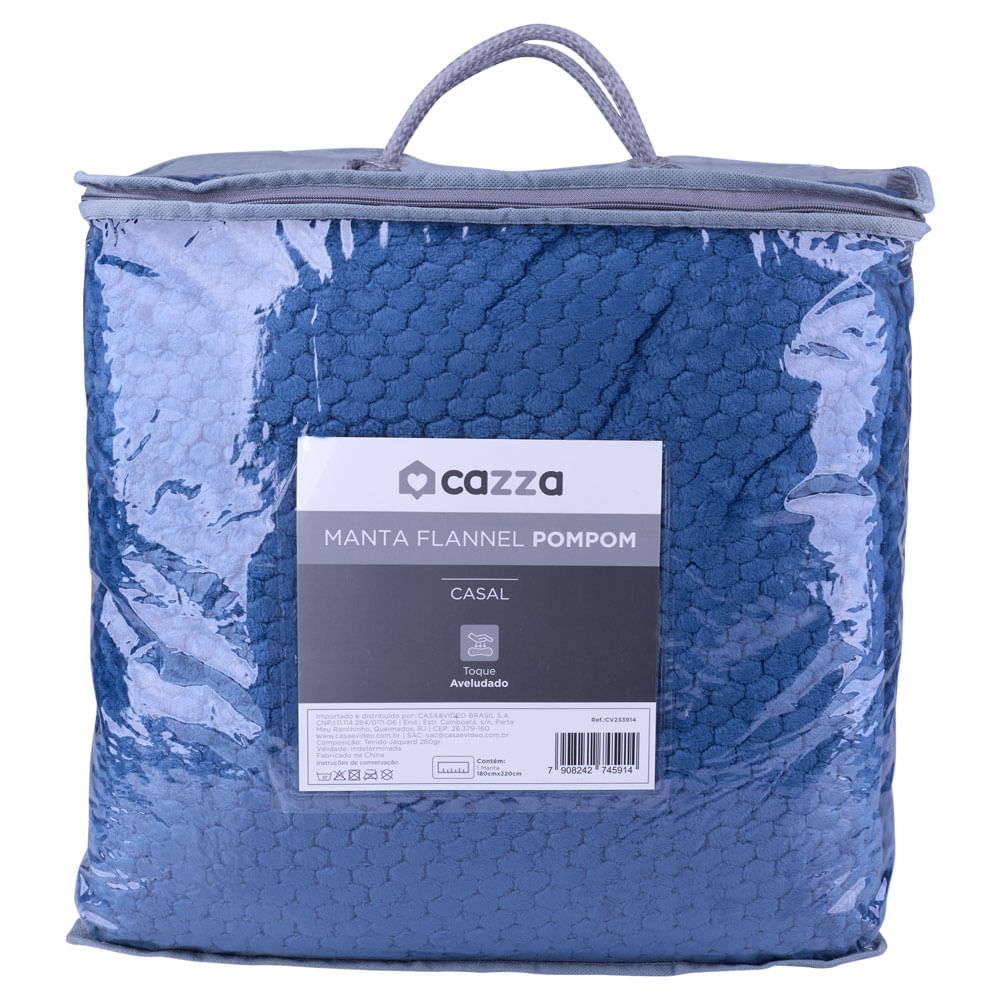 Manta Cobertor Casal Flannel Cazza Pompom Azul