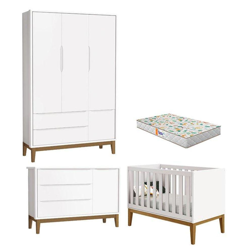 Quarto De Bebê 3 Portas New Classic Branco Com Pés Madeira E Colchão Gazin - Reller