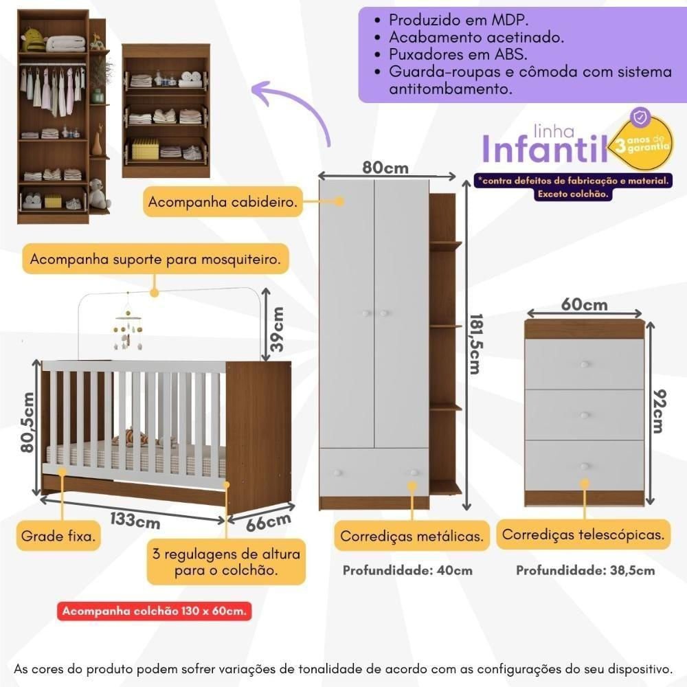 Quarto Infantil Completo Com Colchão Incluso Doce De Leite Multimóveis Mp4238 Madeirado/branco