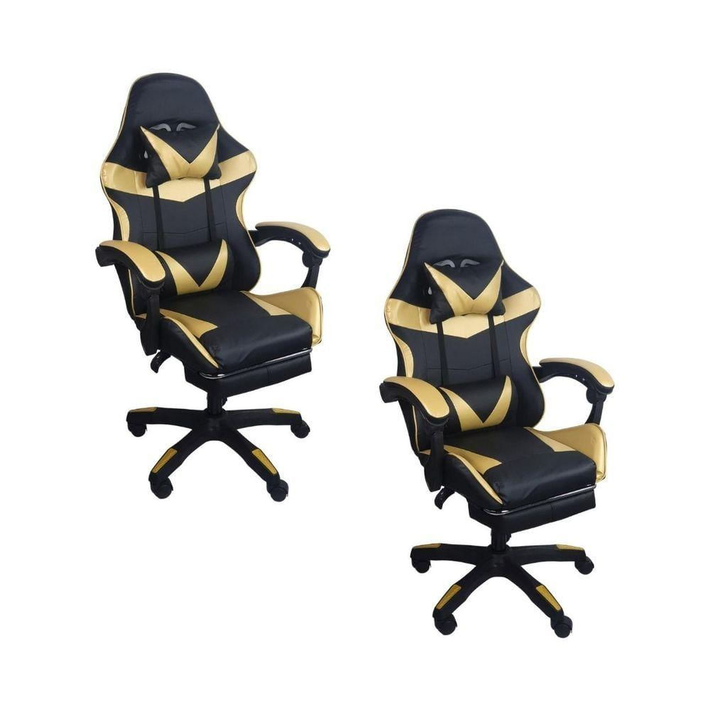 Kit 2 Cadeiras Gamer Stillus Ergonômica Com Apoio Para Os Pés Dourada