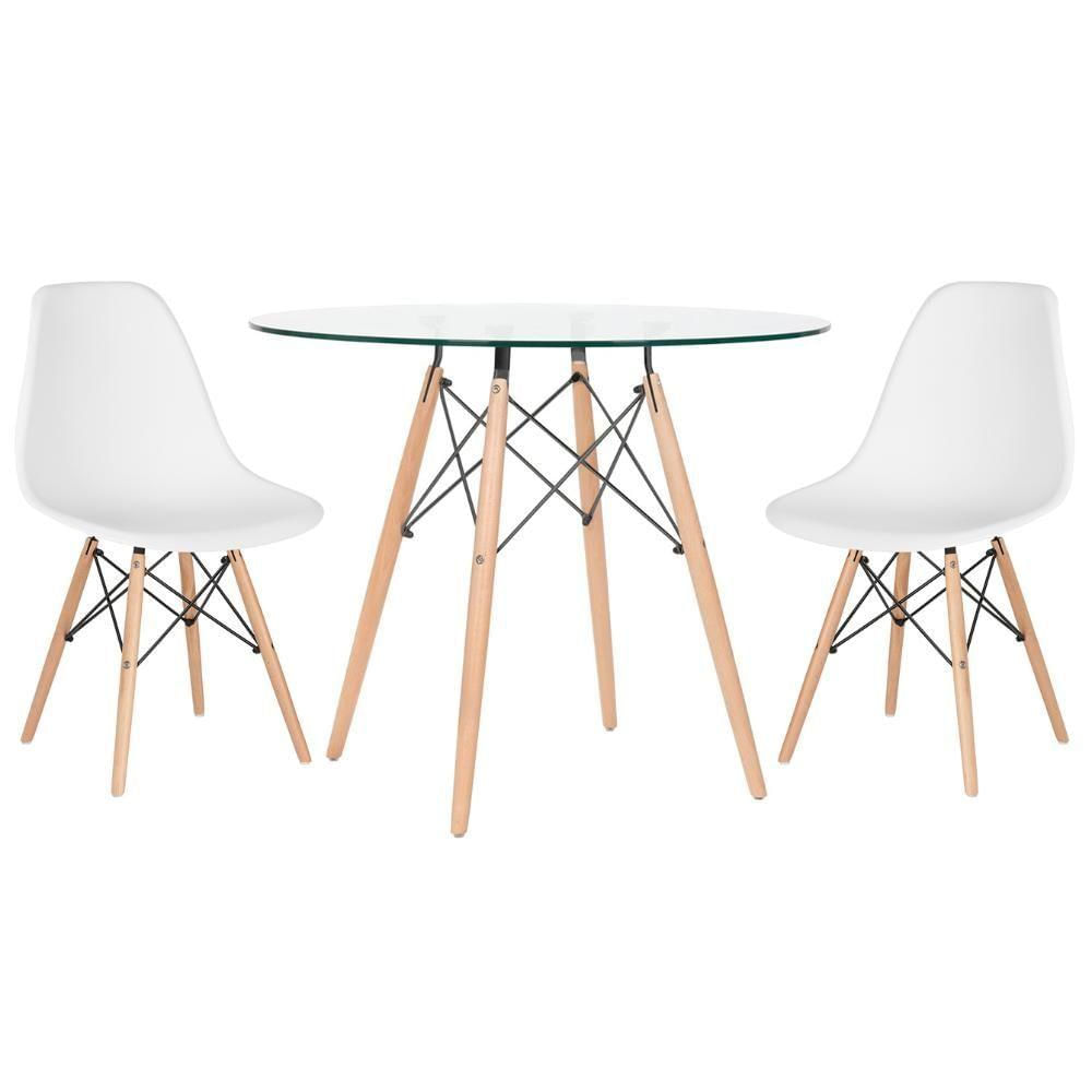 Mesa Tampo De Vidro 80 Cm + 2 Cadeiras Eiffel Dsw Branco