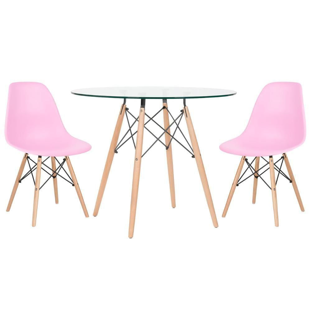 Mesa Tampo De Vidro 80 Cm + 2 Cadeiras Eiffel Dsw Rosa Claro