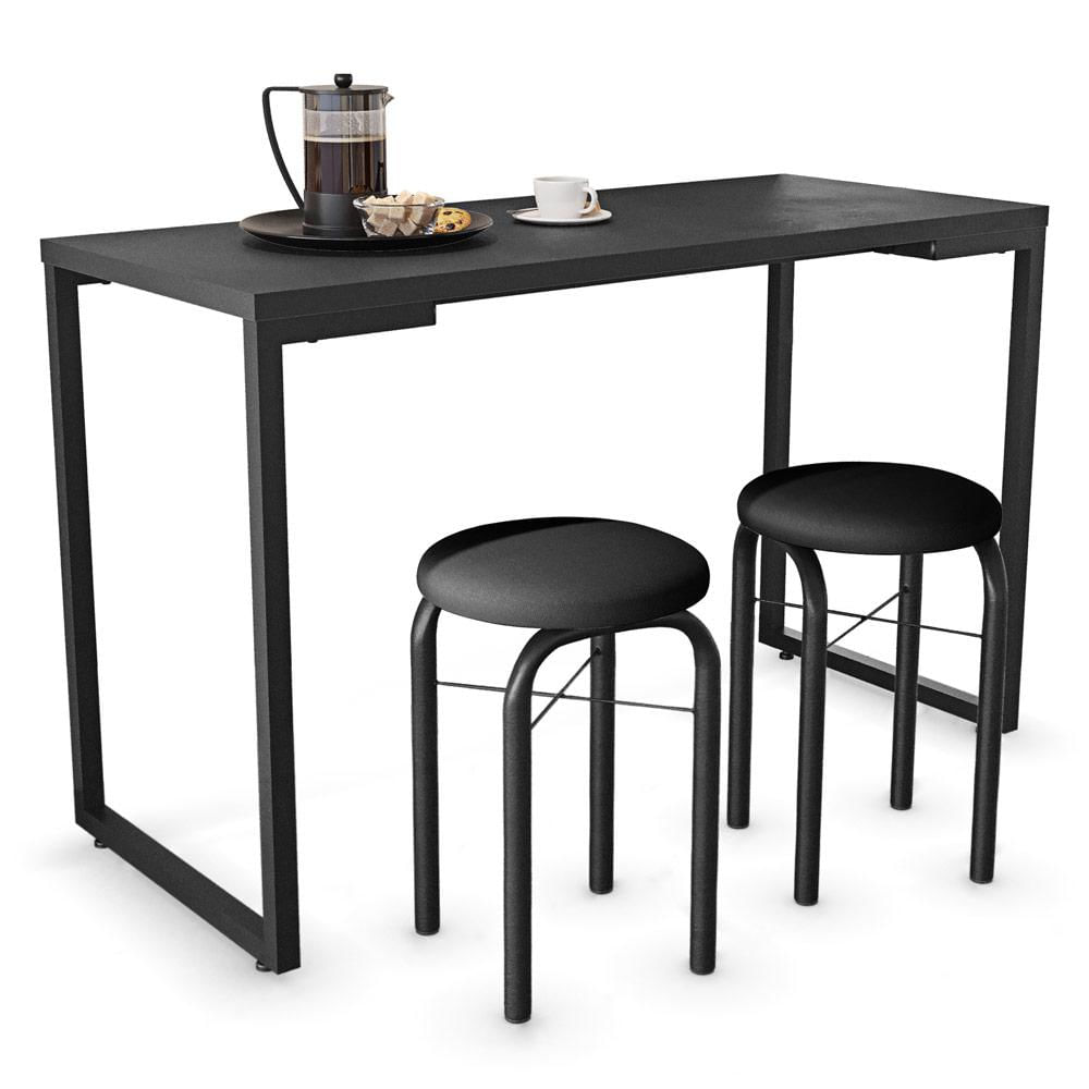 Conjunto Mesa de Cozinha Prattica Industrial 120cm com 2 Banquetas F02 Preto - Mpozenato