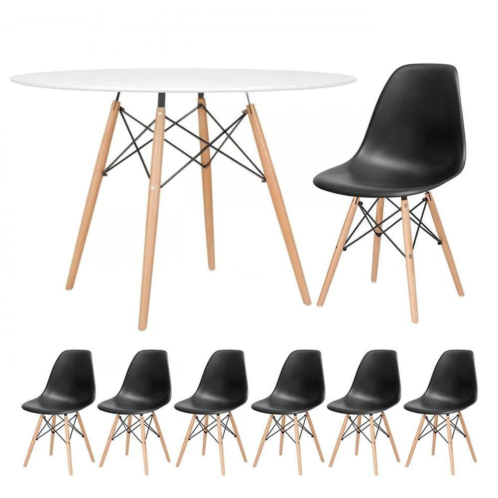 Mesa Redonda Eames 120cm Branco + 6 Cadeiras Preto