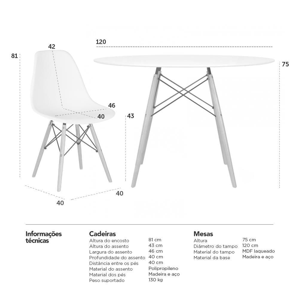 Mesa Redonda Eames 120cm Branco + 4 Cadeiras Preto