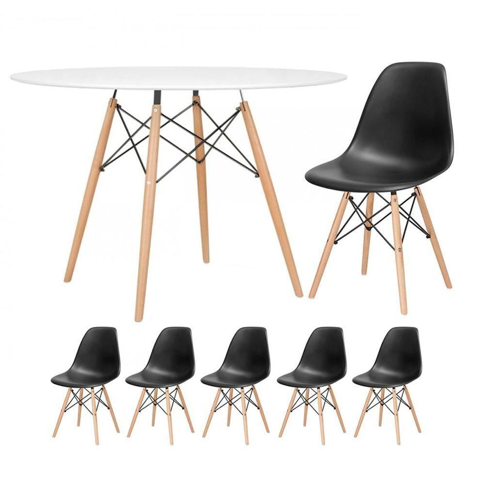 Mesa Redonda Eames 120cm Branco + 5 Cadeiras Preto