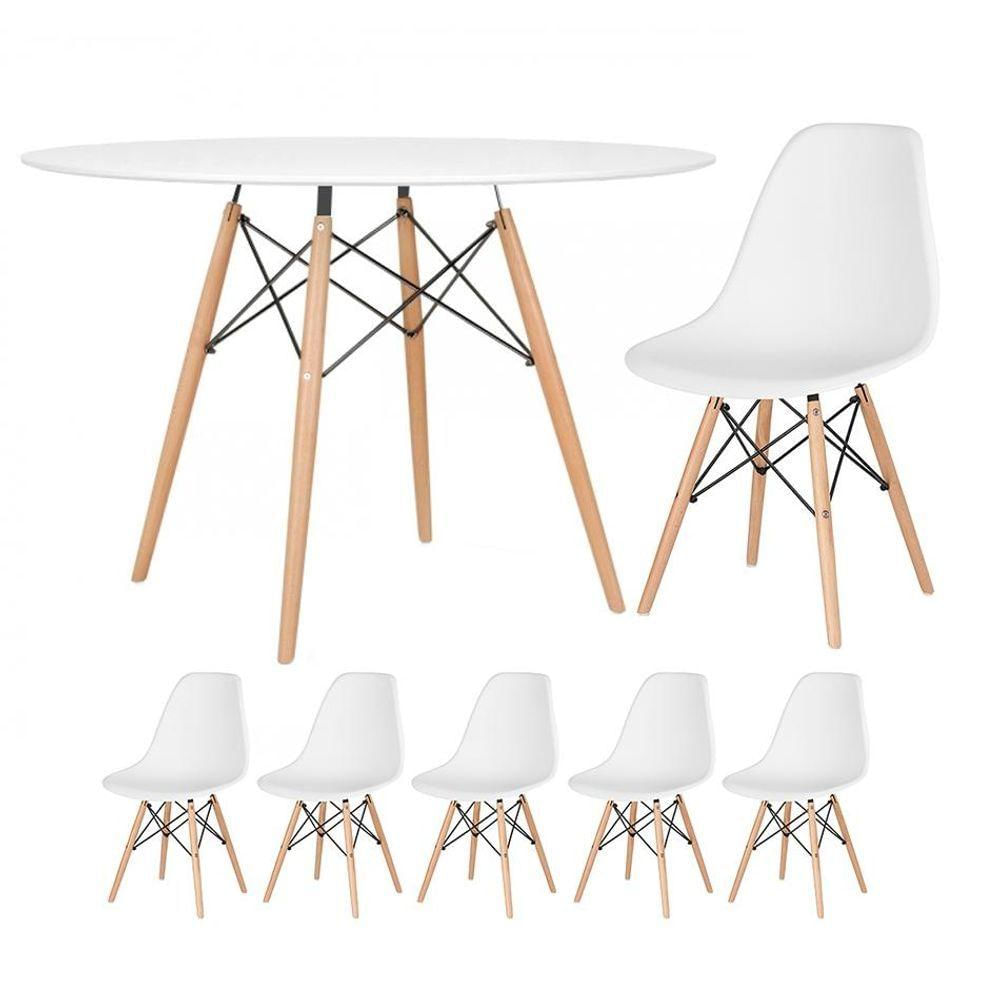 Mesa Redonda Eames 120cm Branco + 5 Cadeiras Branco