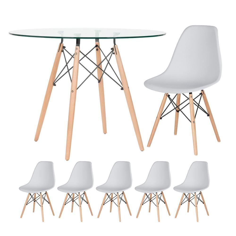 Mesa Redonda Eames 100cm + 5 Cadeiras Cinza Claro