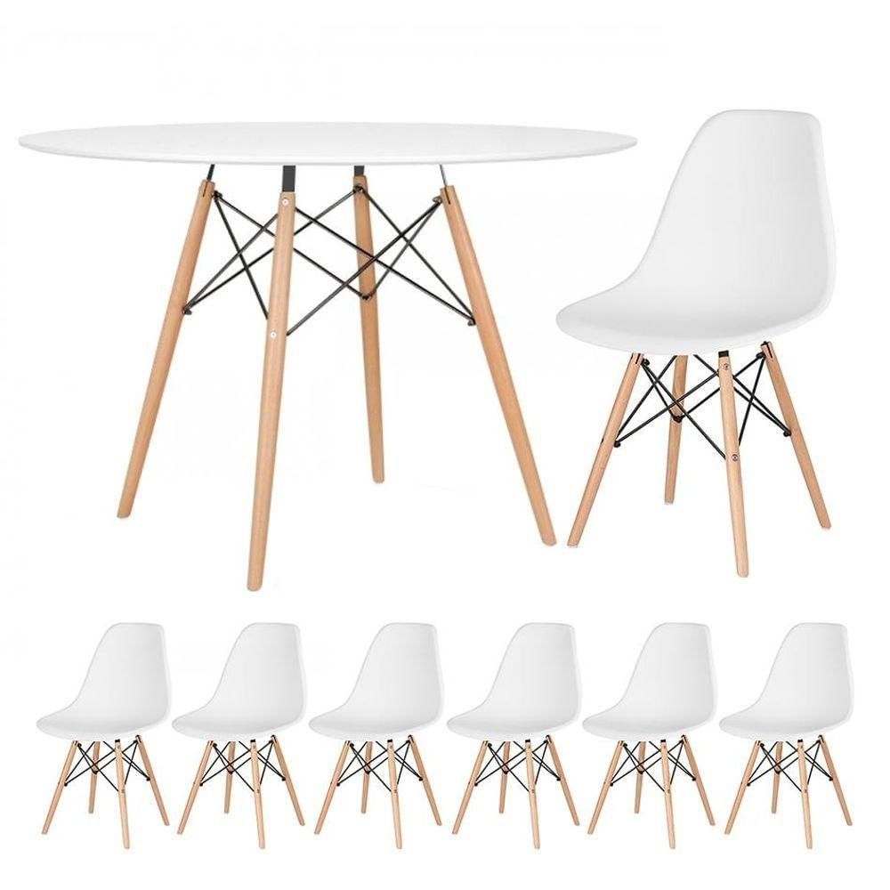 Mesa Redonda Eames 120cm Branco + 6 Cadeiras Branco