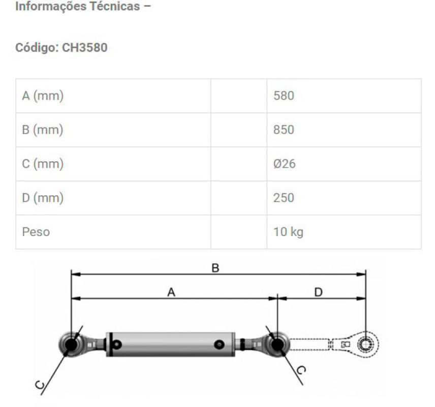 Cilindro Hidráulico de Terceiro Ponto CH3580 580mm Bovenau