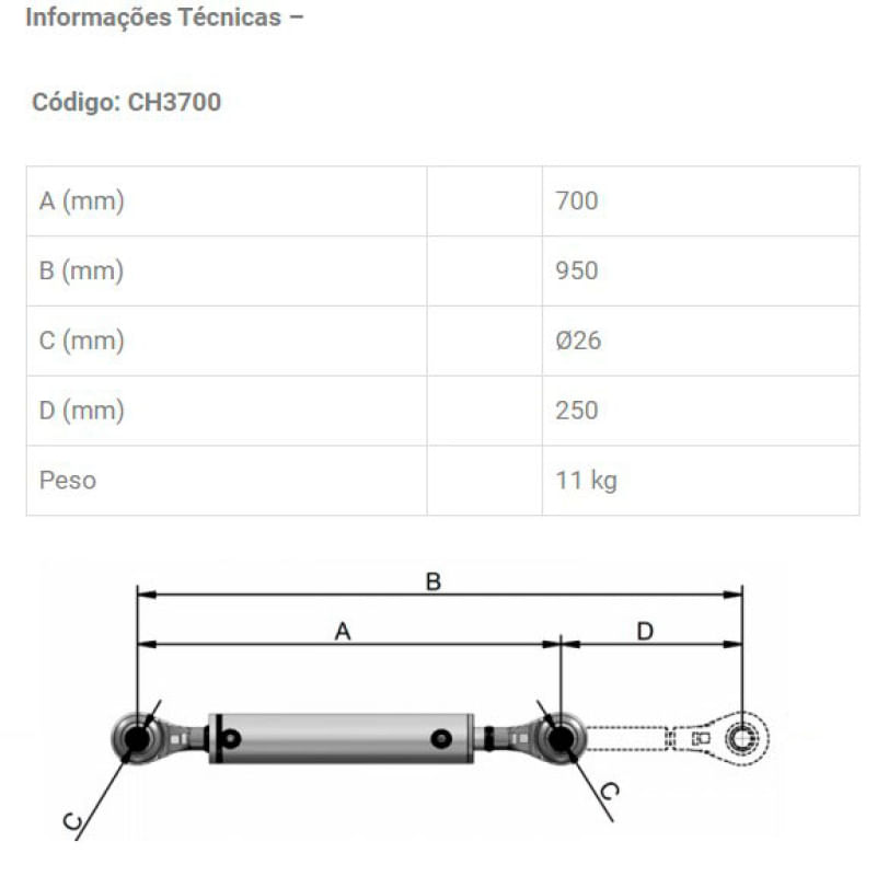 Cilindro Hidráulico de Terceiro Ponto CH3700 700mm Bovenau