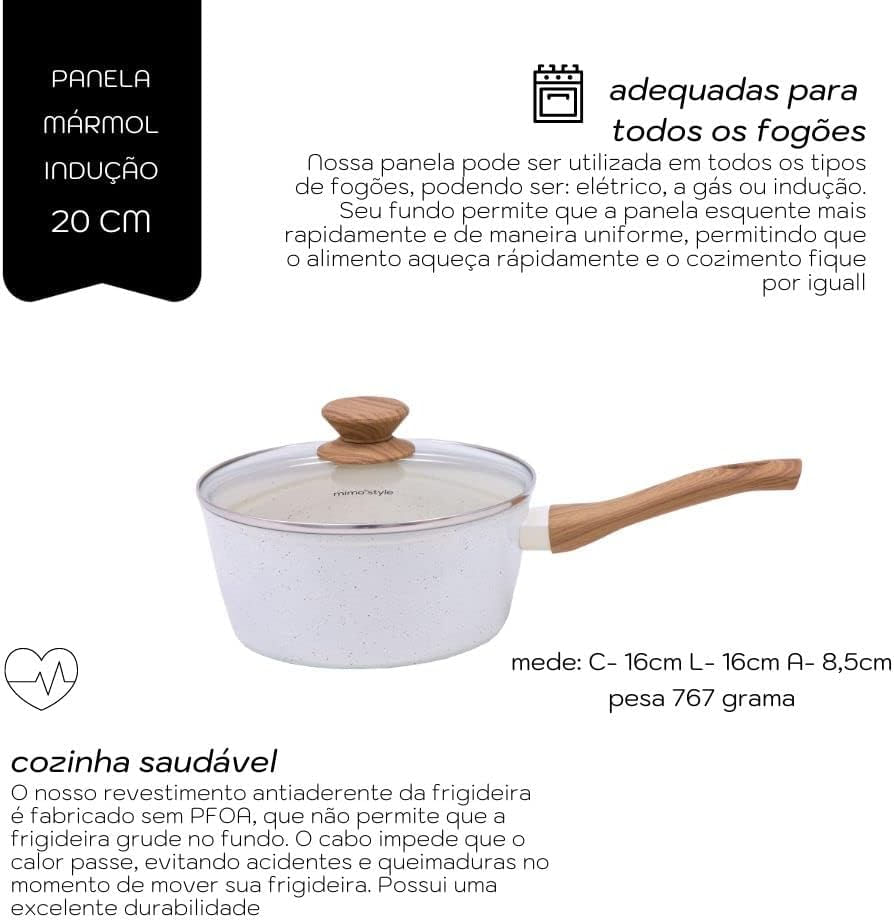 Panela Aluminio Cerâmica Antiaderente 20cm Mimo Style Linha Cook Vanilla Com Fundo Triplo Indução 2,25 Litros Com Tampa De Vidro