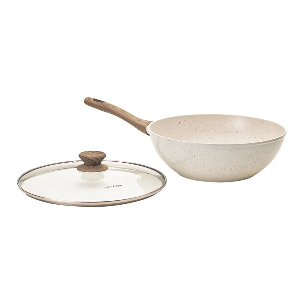 Frigideira Wok Panela Cerâmica Indução Antiaderente 28cm Mimo Style Linha Mármol Cook 4,15 Litros Para Yakisoba Com Tampa De Vidro