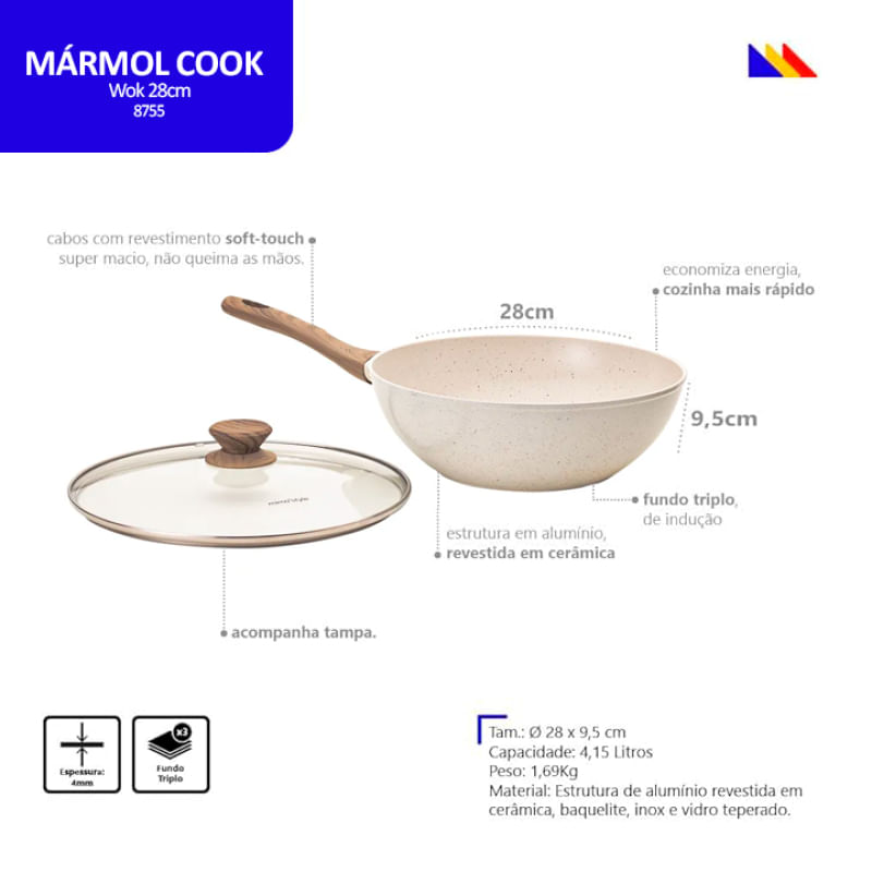 Frigideira Wok Panela Cerâmica Indução Antiaderente 28cm Mimo Style Linha Mármol Cook 4,15 Litros Para Yakisoba Com Tampa De Vidro