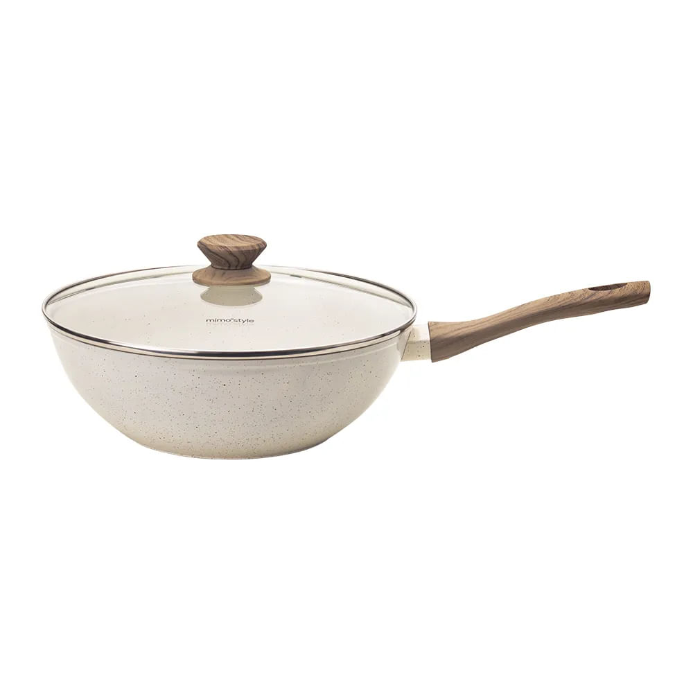 Frigideira Wok Panela Cerâmica Indução Antiaderente 28cm Mimo Style Linha Mármol Cook 4,15 Litros Para Yakisoba Com Tampa De Vidro