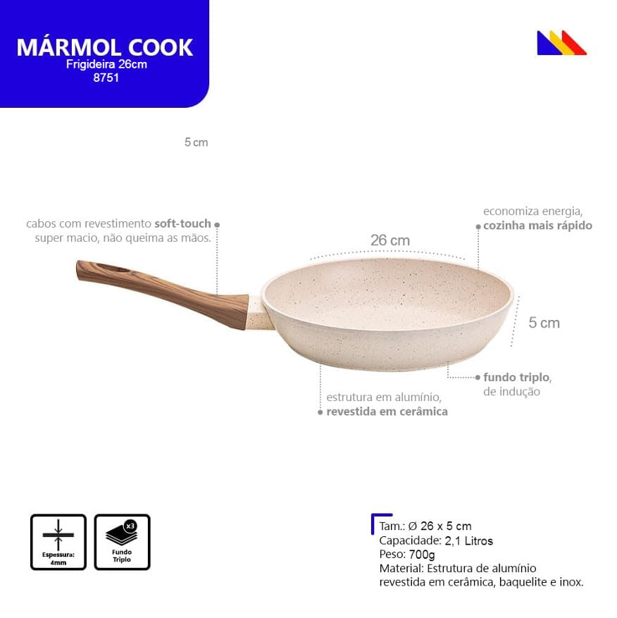 Frigideira Cerâmica Antiaderente 26cm Mimo Style Linha Marmol Cook Para Fogão Indução Panela De Aluminio Grande