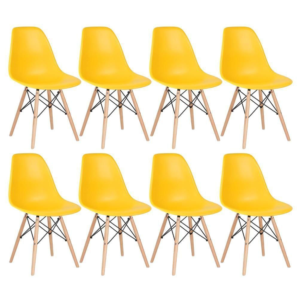 Kit 8 Cadeiras Charles Eames Eiffel Dsw Com Pés De Madeira Clara Amarelo