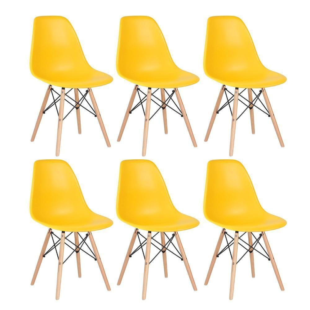 Kit 6 Cadeiras Charles Eames Eiffel Dsw Com Pés De Madeira Clara Amarelo