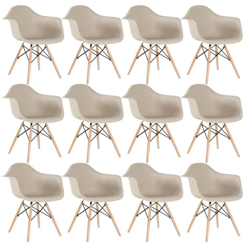 Kit 12 Cadeiras Charles Eames Eiffel Daw Com Braços E Pés De Madeira Clara Nude