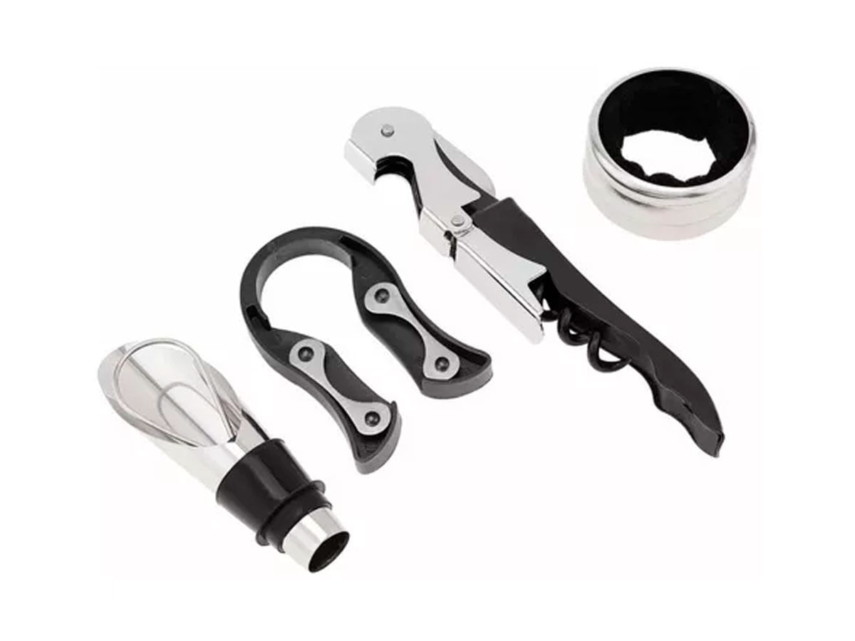 Kit Acessórios para Vinho 4 Peças Bico Dosador Corta Lacres Abridor de Vinho Anel para Garrafa