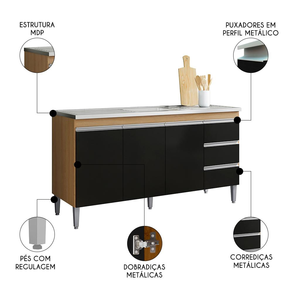 Balcão de Cozinha Com Pia Inox 150cm 3 Gavetas Andréia Amêndoa/Preto - AJL Móveis