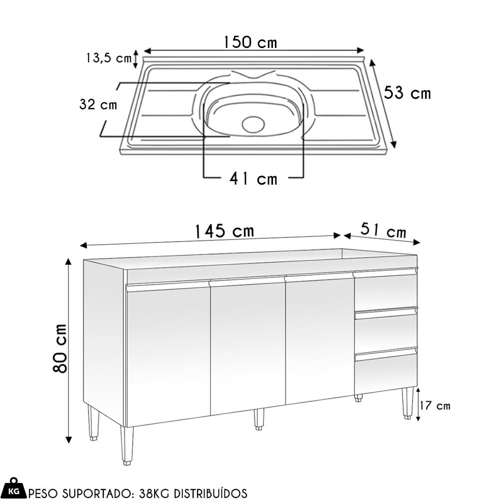 Balcão de Cozinha Com Pia Inox 150cm 3 Gavetas Andréia Amêndoa/Preto - AJL Móveis