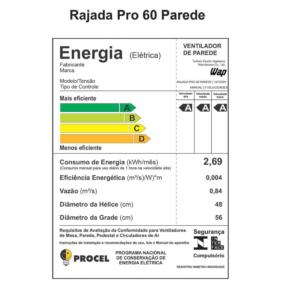 Ventilador Wap Parede Rajada Pro Preto Bivolt 60cm 5 Pás FW006661