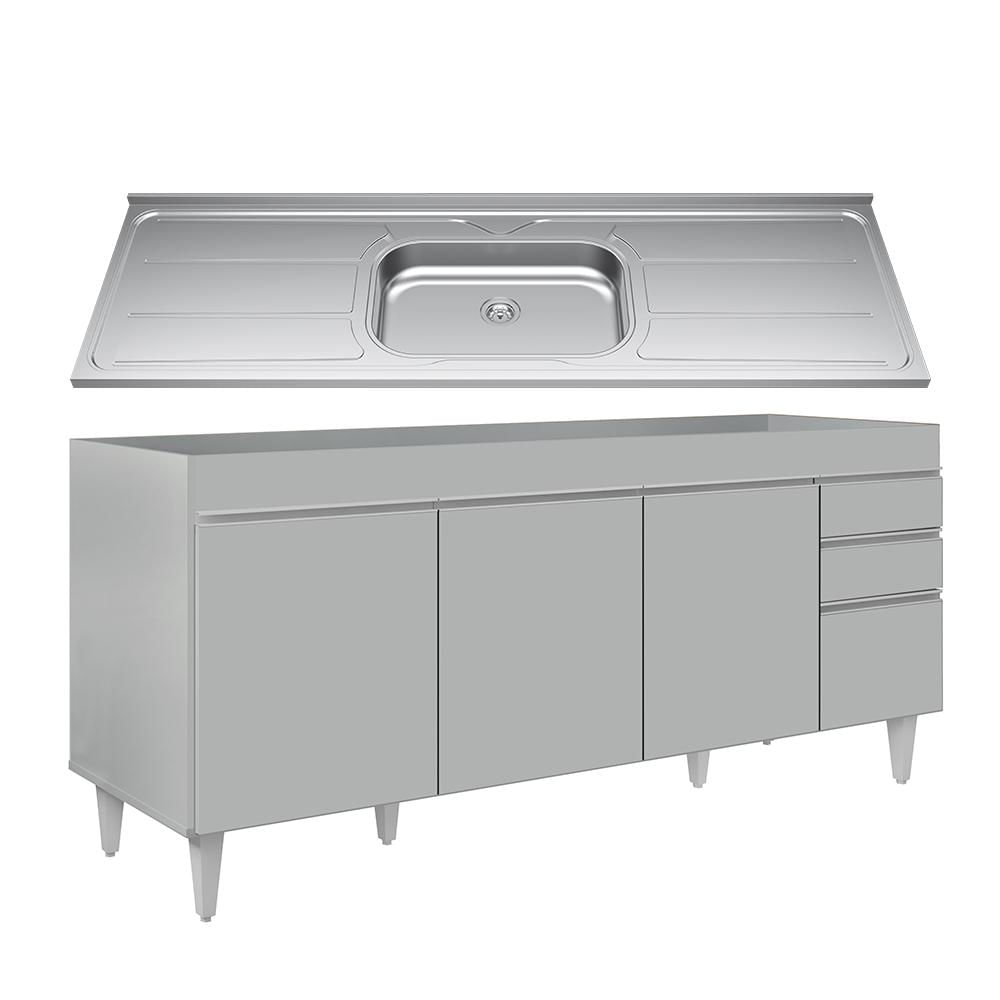 Balcão de Cozinha Com Pia Inox 180cm 4 Portas Dallas Cinza Claro - Lumil