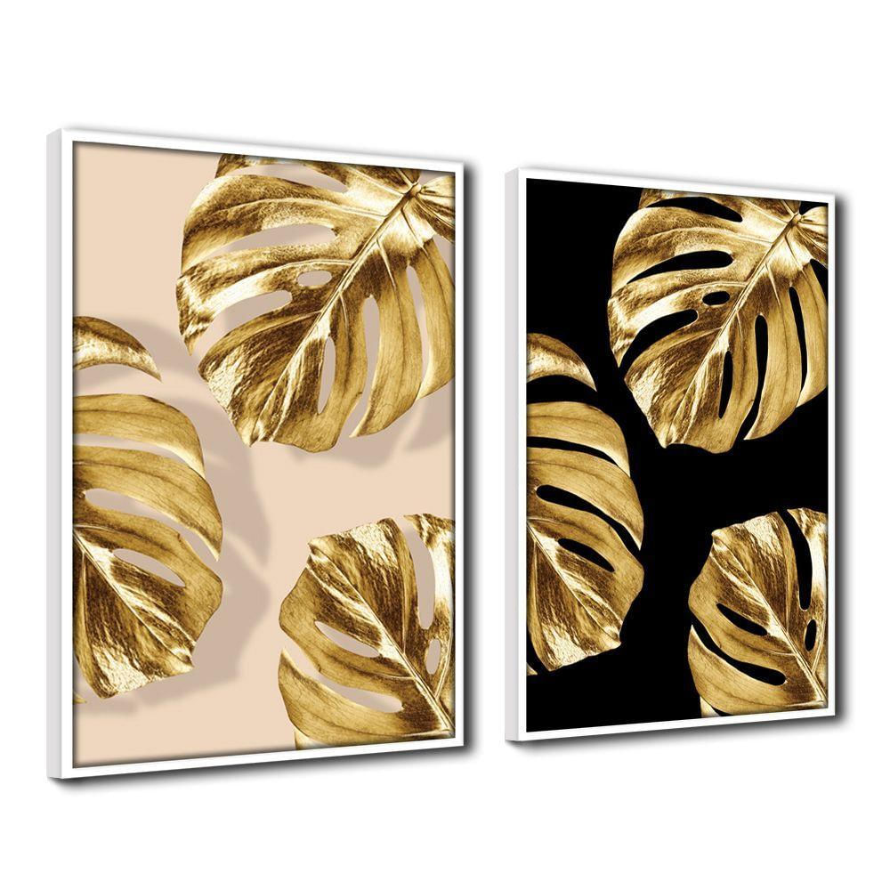 Quadro Premium Textura Cx Alta Folhas De Ouro 5 2un 40x60 Titulos Moldura Branca