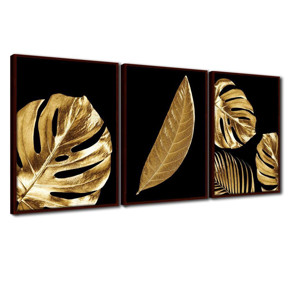 Quadro Premium Textura Cxalta Folha Ouro Em Preto1 3un 40x60 Titulos Moldura Madeira