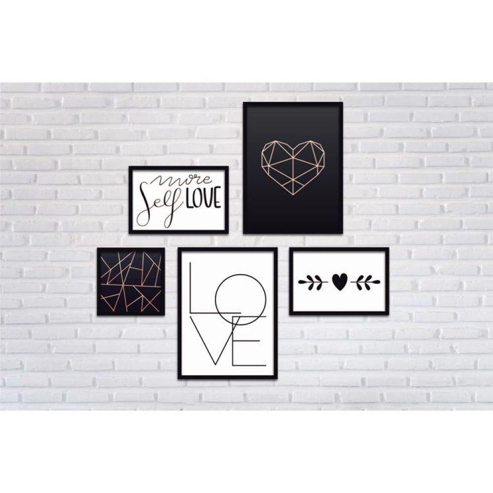 Conjunto Quadros Decorativos 5 Peças Love Frase Titulos Moldura Preta