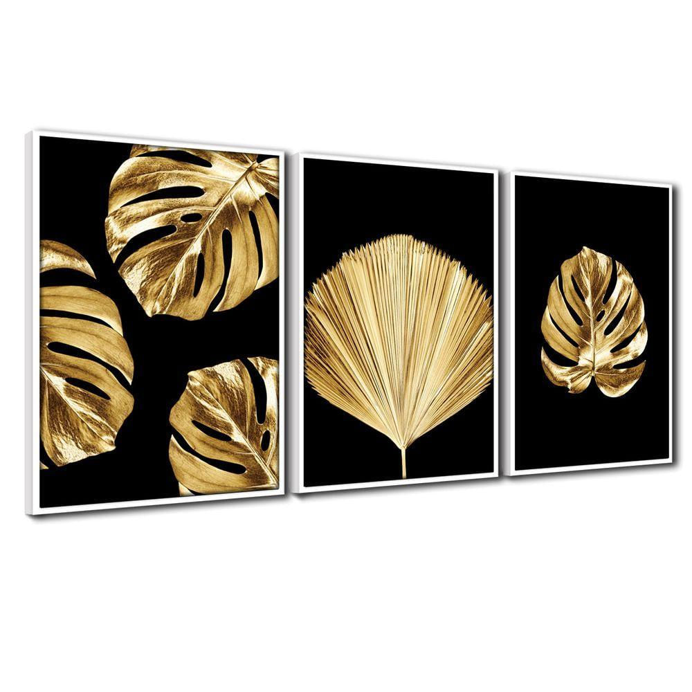 Quadro Premium Textura Cxalta Folha Ouro Em Preto2 3un 40x60 Titulos Moldura Branca