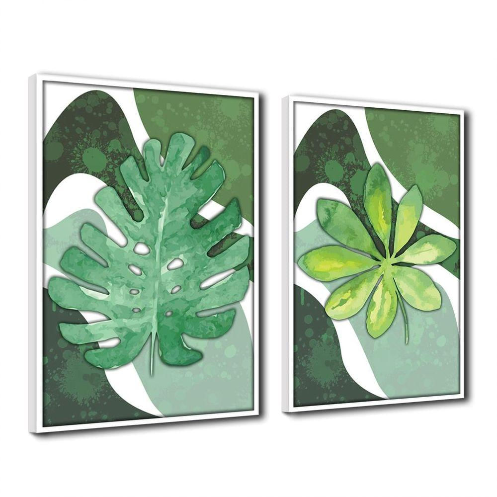 Quadro Premium Textura Cx Alta Folha Sob Verde 2 2un 40x60 Titulos Moldura Branca