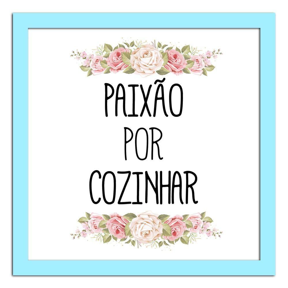 Conjunto Quadros Decorativos 4pç 20x20 Paixão Por Cozinhar 2 Titulos Moldura Azul