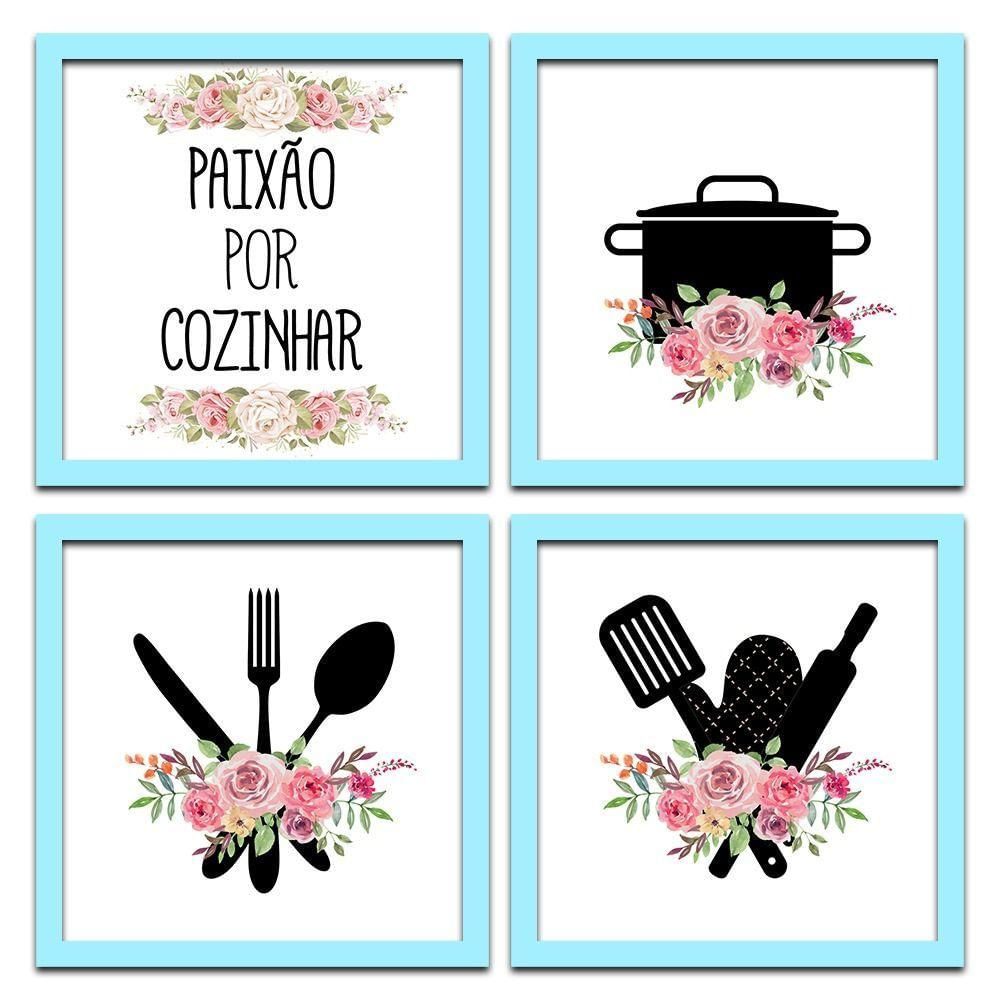 Conjunto Quadros Decorativos 4pç 20x20 Paixão Por Cozinhar 2 Titulos Moldura Azul