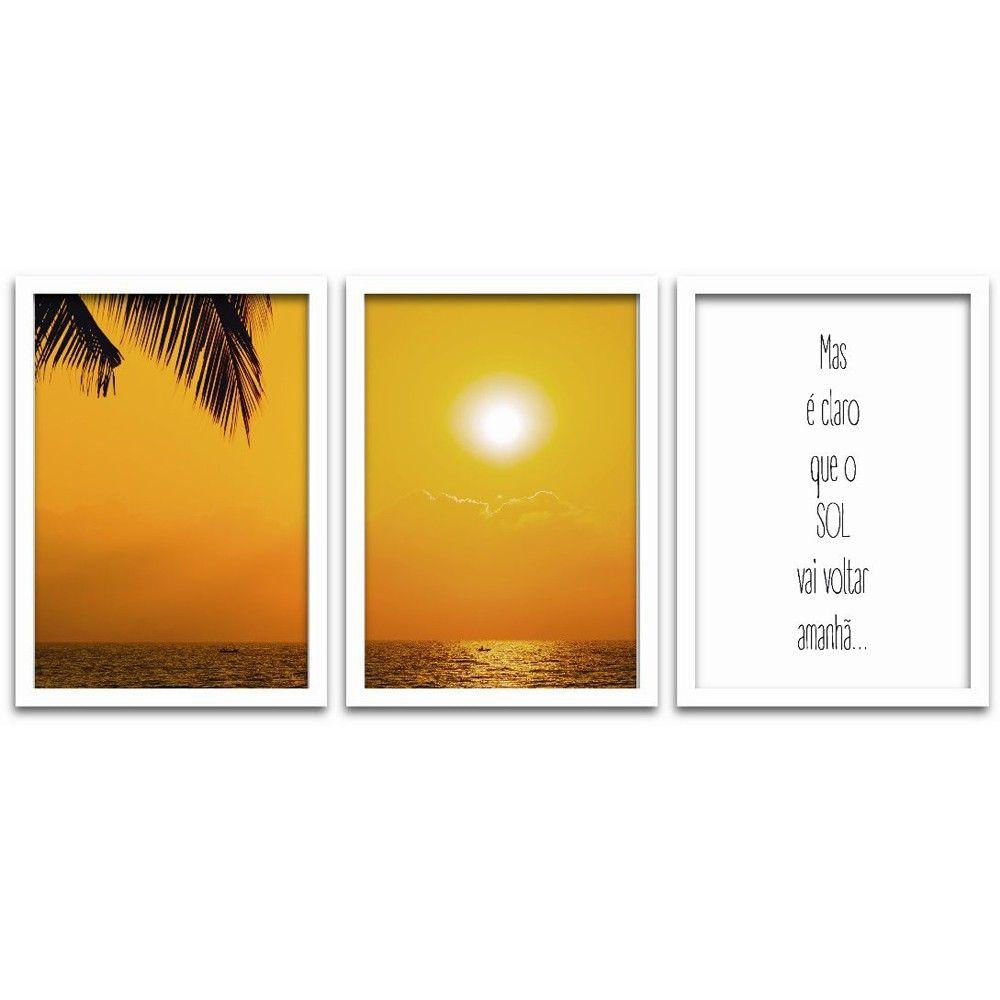 Quadros Decorativos 3 Peças 20x30 Pôr do Sol Moldura Branca