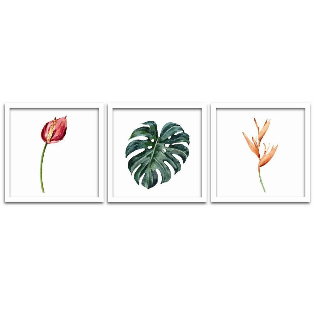 Quadros Decorativos 3 pçs 25x25 Flores Folhas Moldura Branca