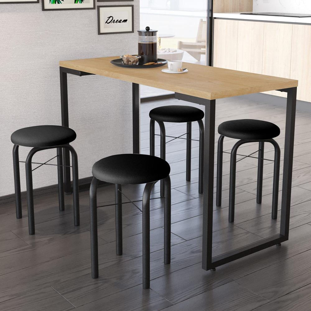 Conjunto Mesa de Cozinha Prattica Industrial 120cm com 4 Banquetas F02 Nature/Preto - Mpozenato