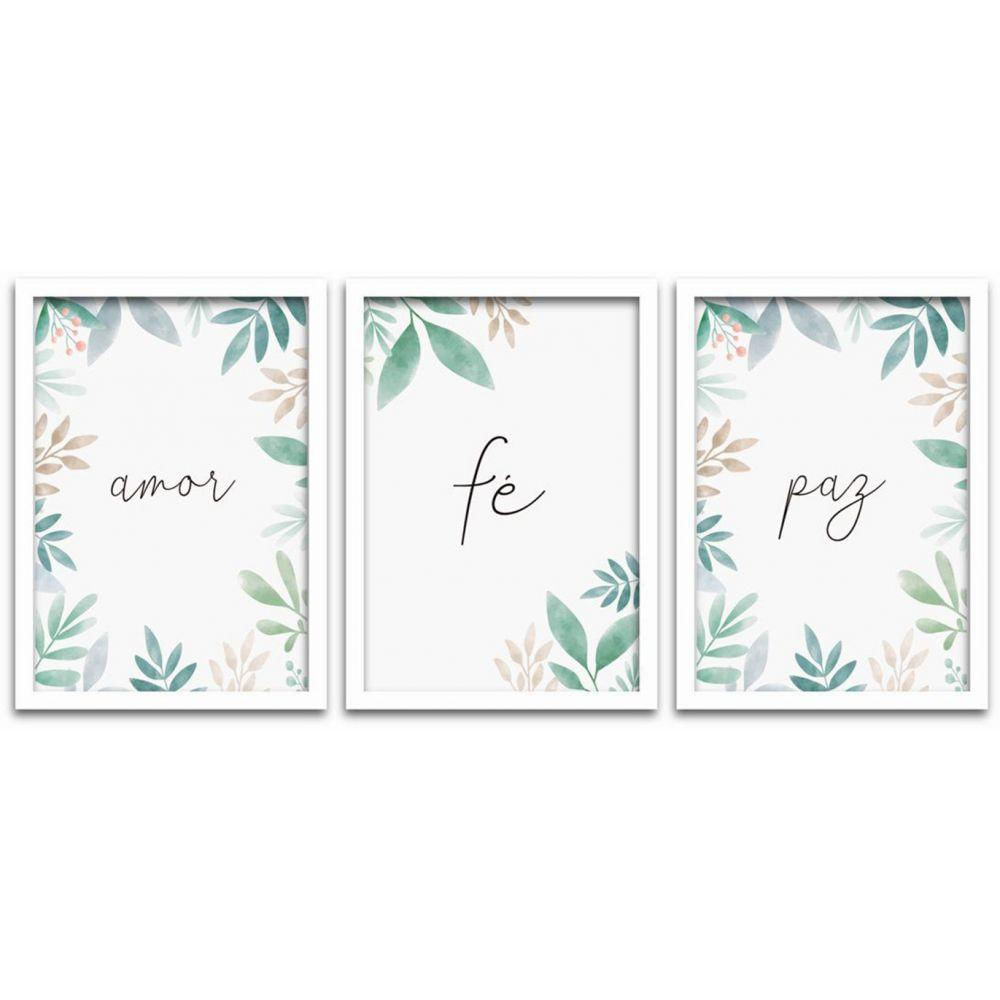 Quadros Decorativos 3 Peças 40x60 Amor Fé Paz Moldura Branca