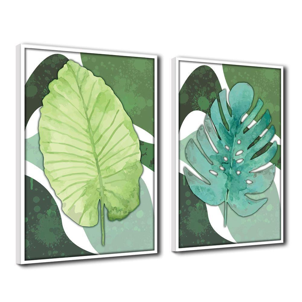 Quadro Decorativo Textura Cx Alta 2un 40x60 Folha Sob Verde1 Titulos Moldura Branca