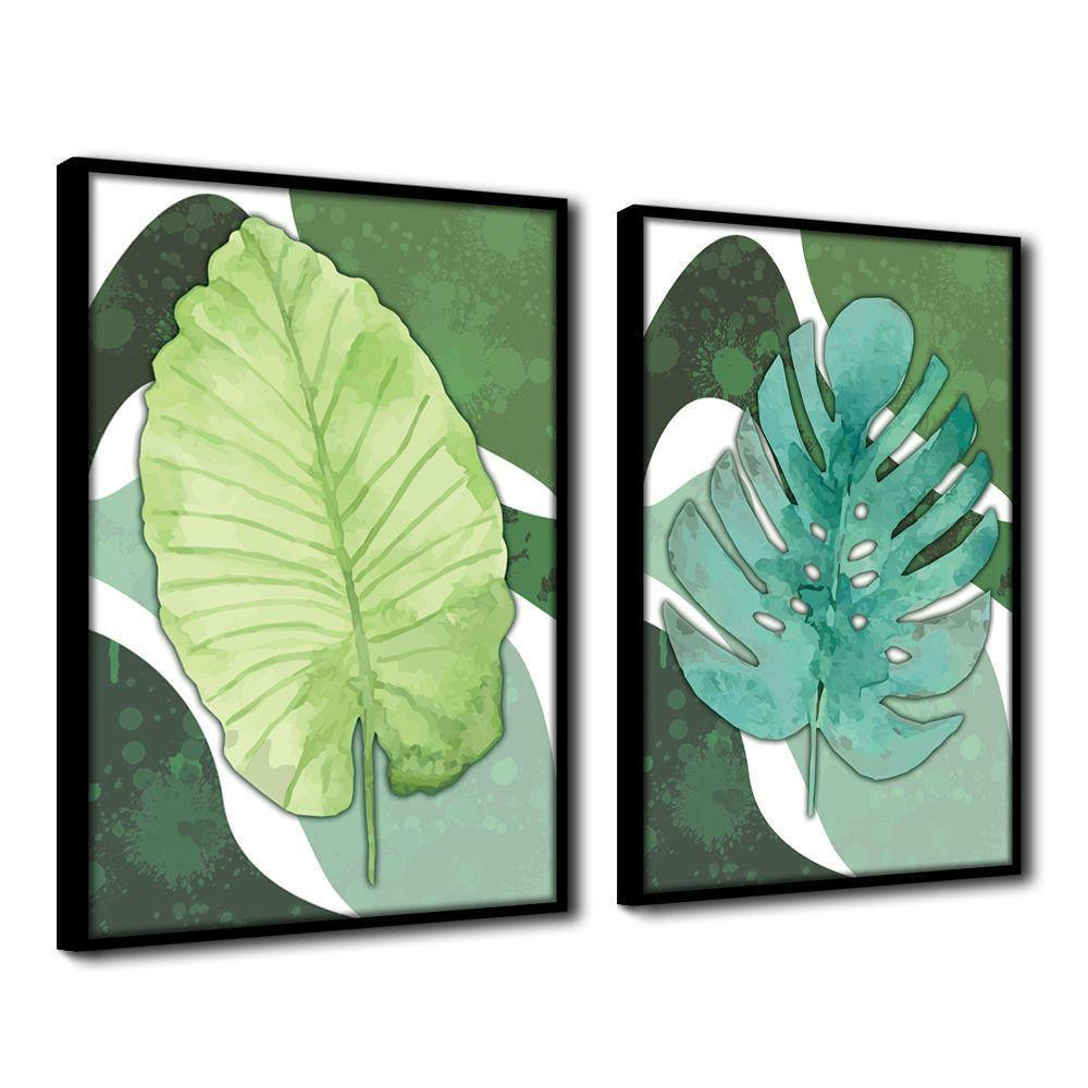 Quadro Decorativo Textura Cx Alta 2un 40x60 Folha Sob Verde1 Titulos Moldura Preta