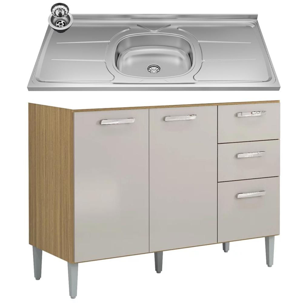 Balcão de Cozinha com Pia Inox 120cm 3 Portas 2 Gavetas Livy P11 Damasco/Off White - Mpozenato