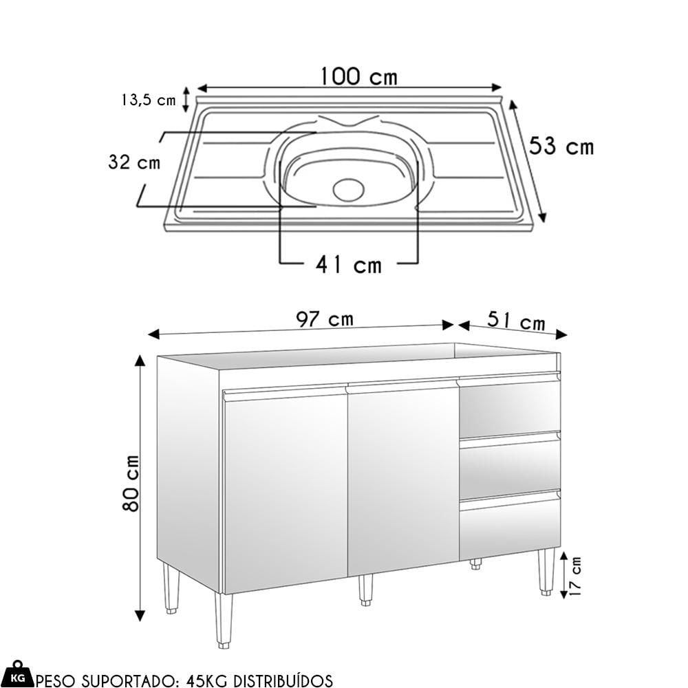 Balcão de Cozinha Com Pia Inox 120cm 3 Gavetas Andréia Amêndoa/Preto - AJL Móveis