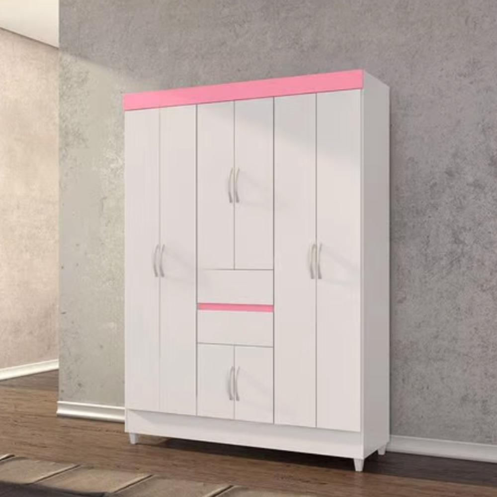 Guarda Roupa Casal Flex 6 Portas 2 Gavetas Ecom II D02 Branco/Rosa/Branco - Mpozenato