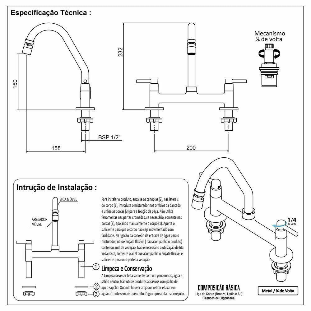 Torneira Misturador Cozinha 1/4 Volta Bancada Luxo