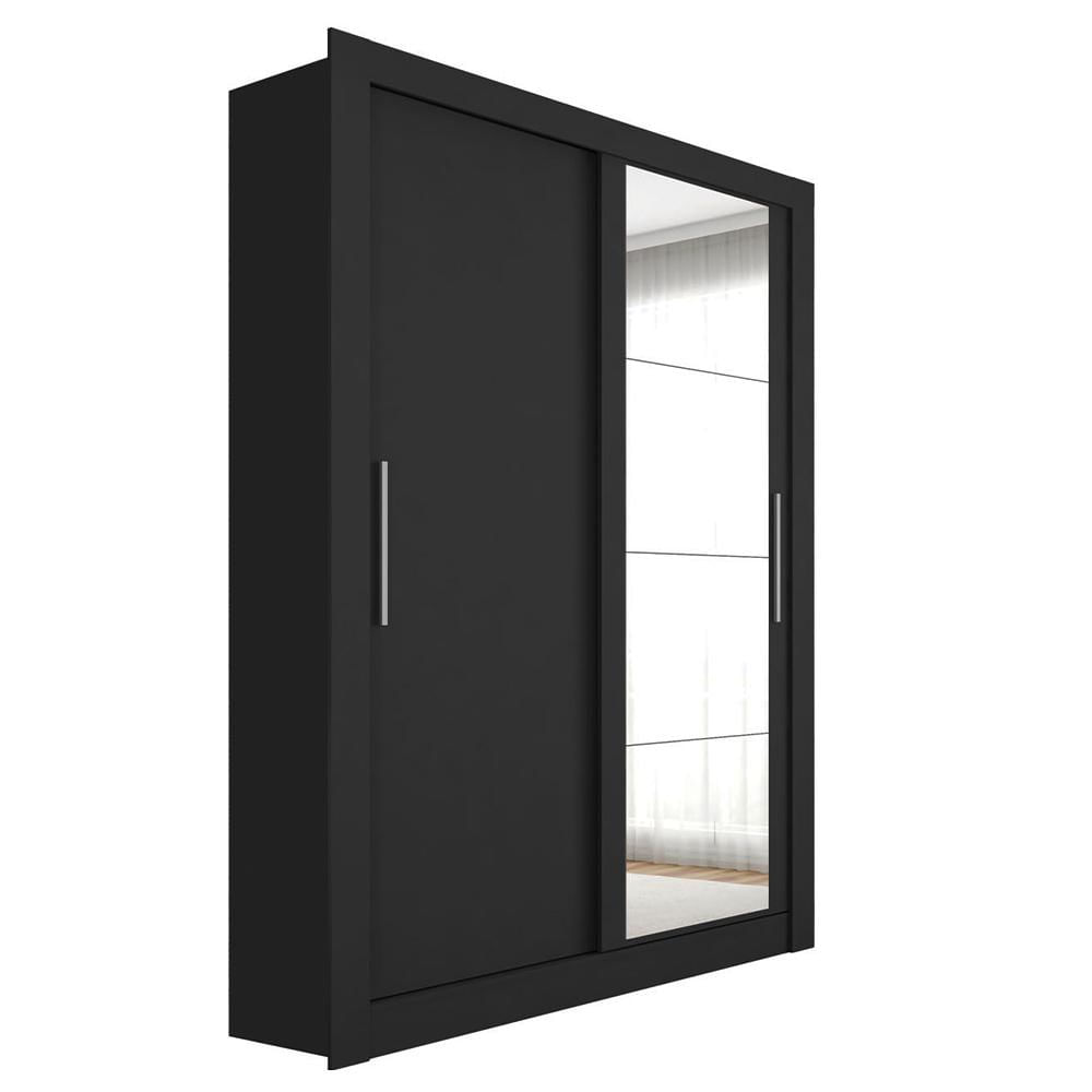 Guarda Roupa Solteiro Com Espelho 2 Portas 4 Gavetas Preto