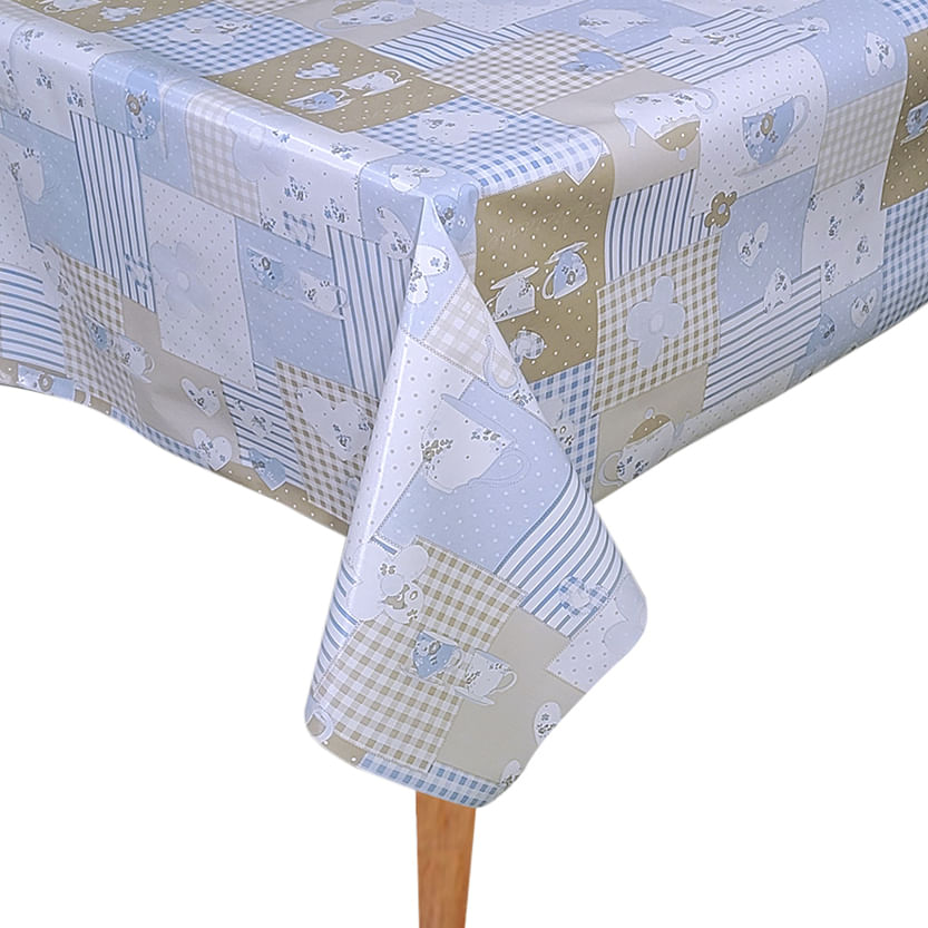 Toalha Mesa Térmica Impermeável Pvc Xícara Chá Azul1,40X1,40