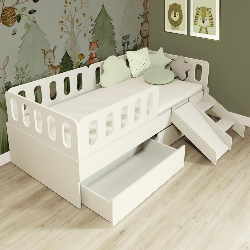 Cama Solteiro Mdf Bp Com Escadinha/escorrega 02 Gavetas 03 Grades E Cabeceira Megamobilia